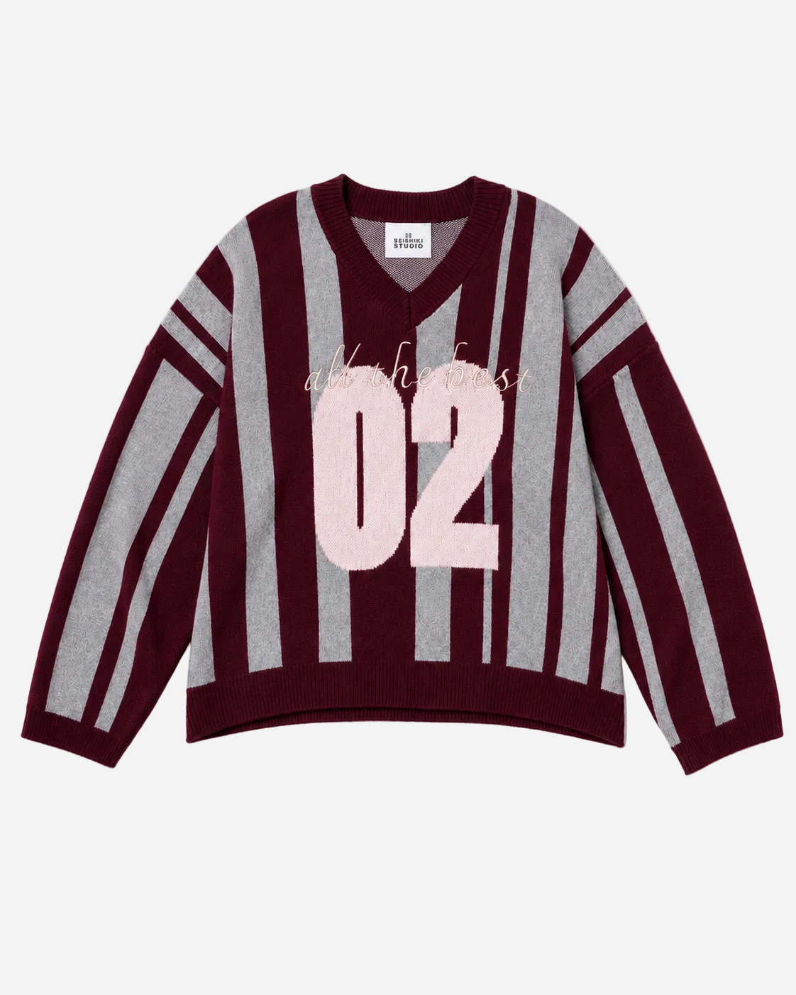 Varsity Stripe V-Neck Sweater Burgundy/Grey | SEISHIKI STUDIO