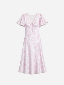 SEISHIKI STUDIO v neck flare sleeve floral midi dress pastel pink