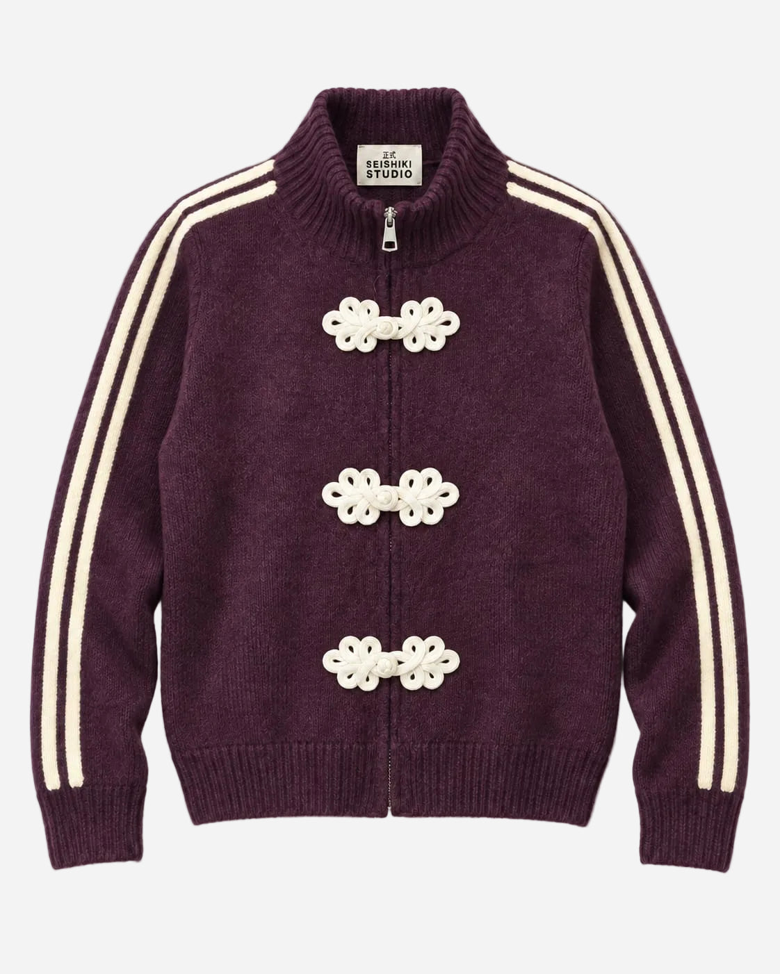 FROG CLOSURE STRIPE KNITTED TRACK JACKET PURPLE | SEISHIKI STUDIO