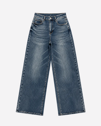 INSEAM 82CM - DIRTY DARK WASH WIDE LEG JEANS WITH SHADING AND PINK PATCH | SEISHIKI STUDIO