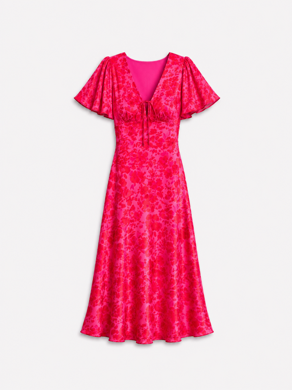 SEISHIKI STUDIO v neck flare sleeve floral midi dress bright pink
