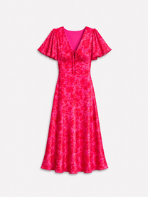 SEISHIKI STUDIO v neck flare sleeve floral midi dress bright pink