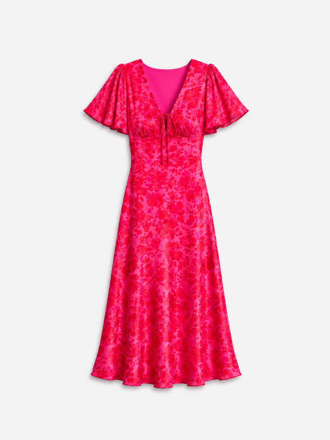 SEISHIKI STUDIO v neck flare sleeve floral midi dress bright pink