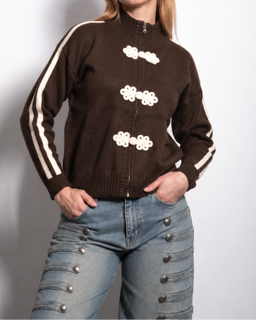 FROG CLOSURE STRIPE KNITTED TRACK JACKET BROWN | SEISHIKI STUDIO
