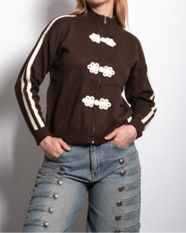 FROG CLOSURE STRIPE KNITTED TRACK JACKET BROWN | SEISHIKI STUDIO