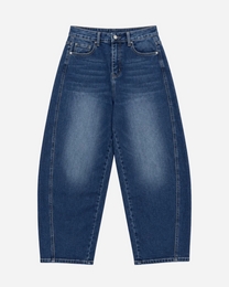 INSEAM 74CM - STRECHY MEDIUM WASH BALLOON JEANS WITH PINK PATCH | SEISHIKI STUDIO