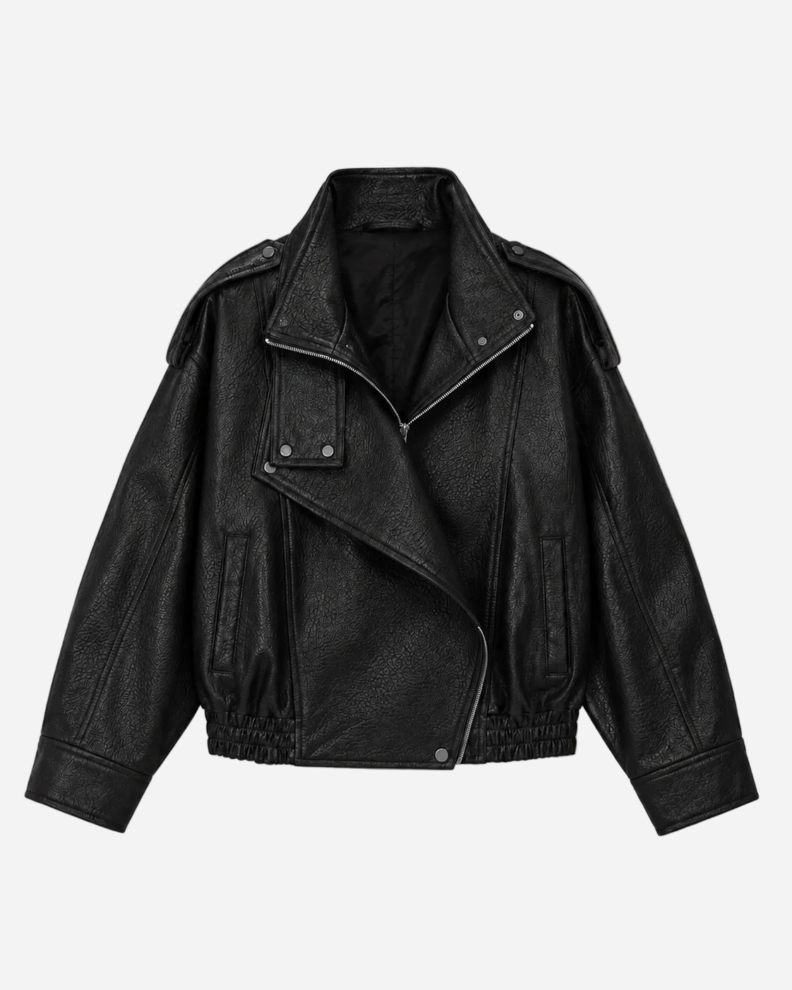 Oversized High Neck Faux Leather Jacket With Asymmetric Flap Detail BLACK | SEISHIKI STUDIO
