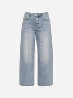 Grey Blue Barrel Jeans With Double Front Seams And Silver Patch | SEISHIKI STUDIO