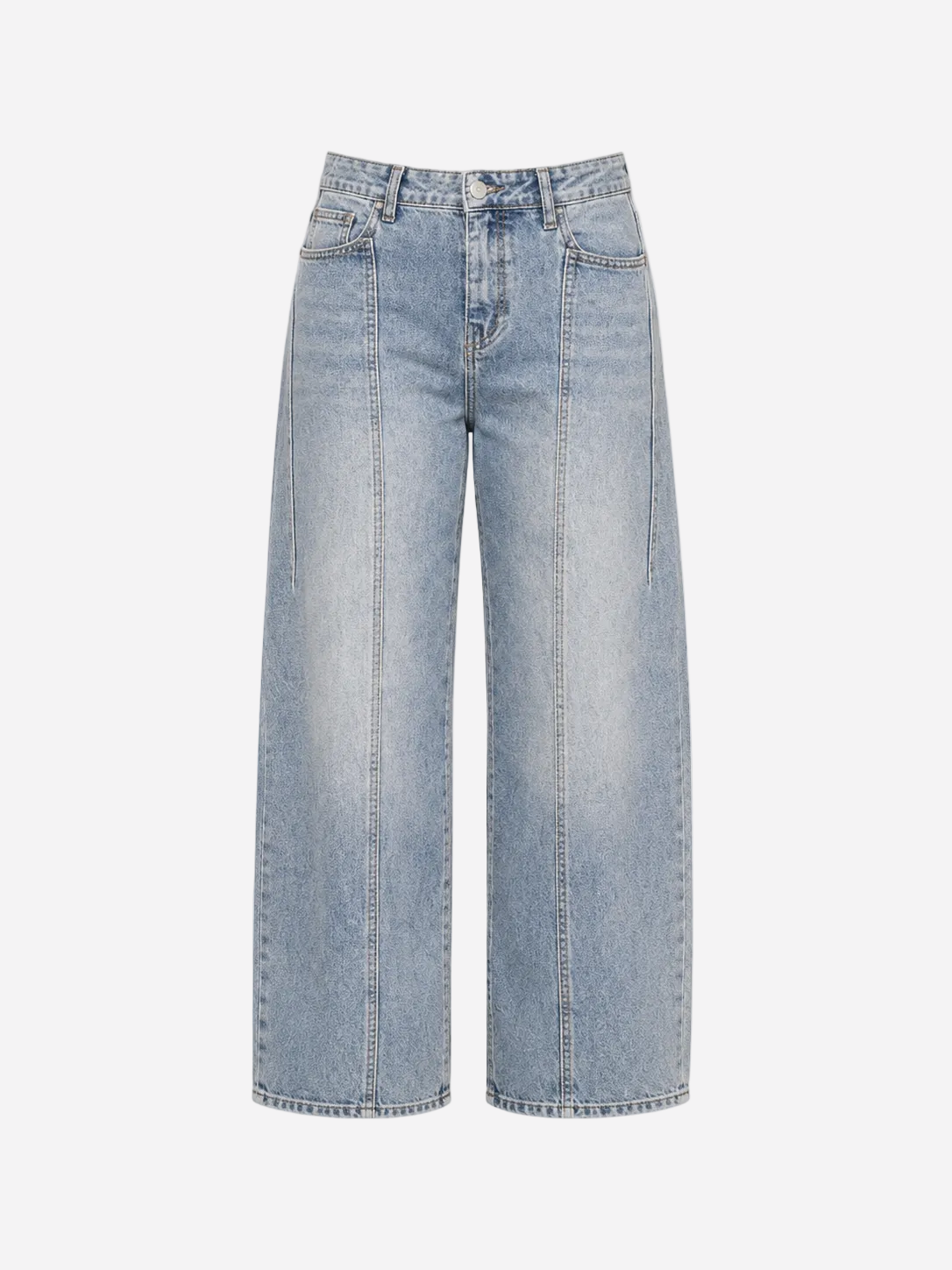 Grey Blue Barrel Jeans With Double Front Seams And Silver Patch | SEISHIKI STUDIO