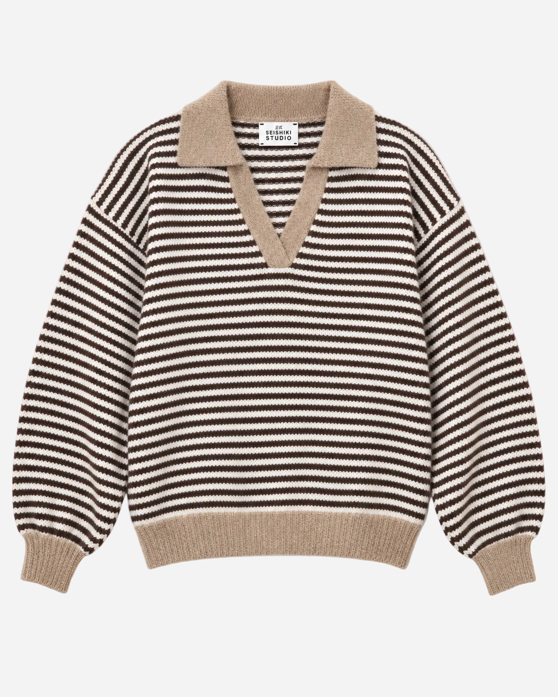 STRIPED COLLARED KNIT SWEATER BEIGE | SEISHIKI STUDIO