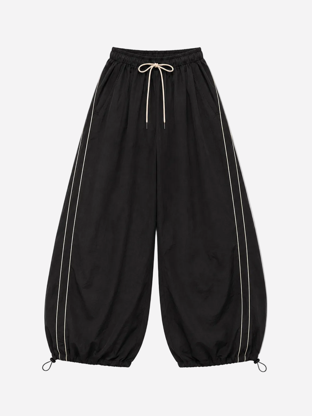 Wide Leg Contrast Piping Drawstring Track Pants Black | SEISHIKI STUDIO