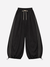 Wide Leg Contrast Piping Drawstring Track Pants Black | SEISHIKI STUDIO