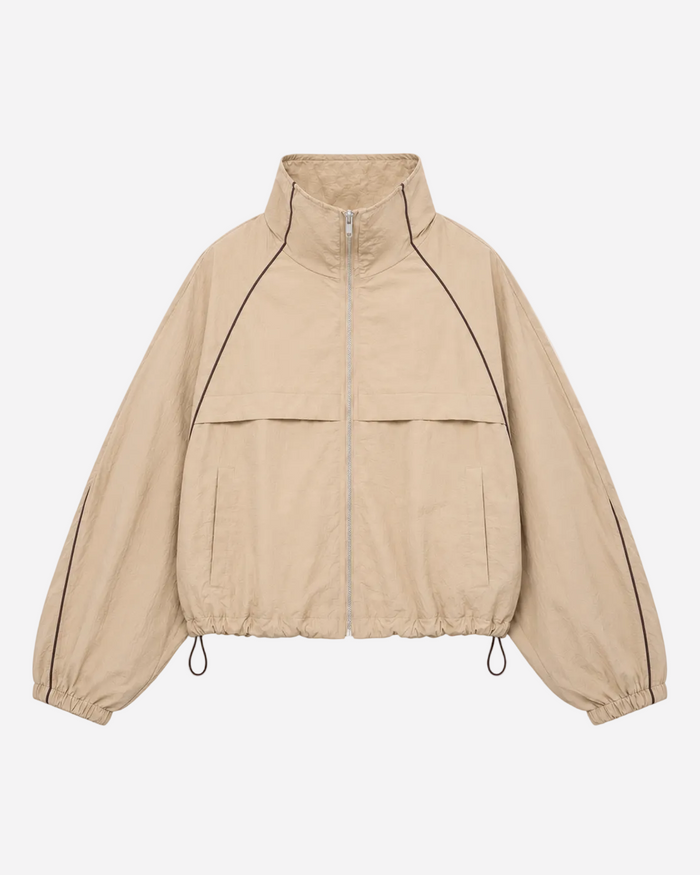 Oversized Contrast Piping Drawstring Windbreaker Jacket Taupe | SEISHIKI STUDIO