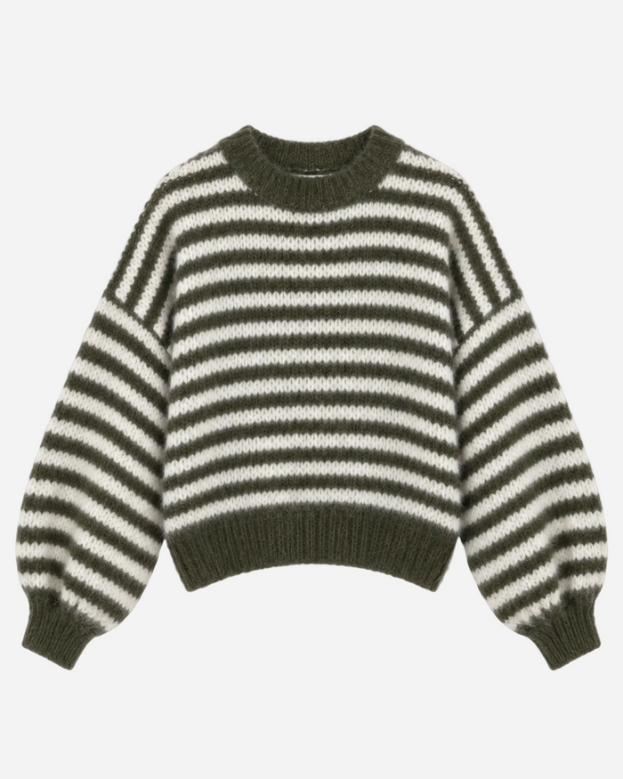 Stretchy Oversized Sleeve Striped Sweater Green | SEISHIKI STUDIO