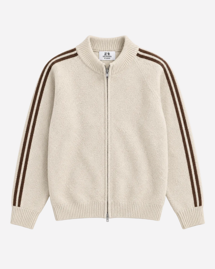 Retro Striped Knit Zip-Up White | SEISHIKI STUDIO