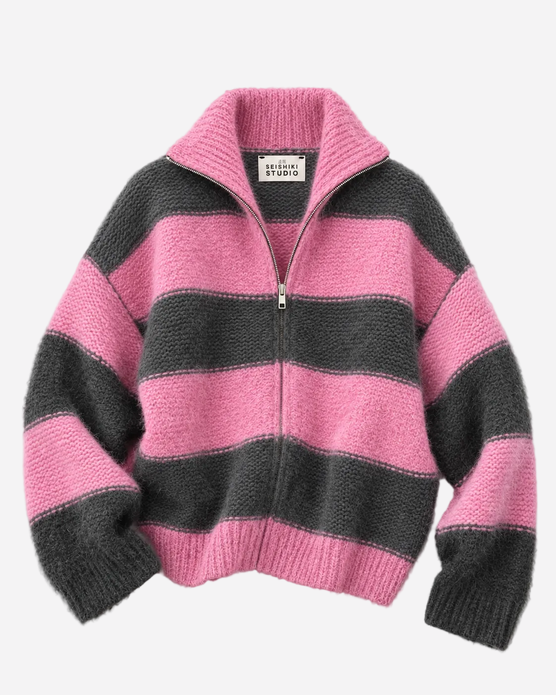 HIGH NECK FLUFFY STRIPED ZIP UP SWEATER PINK/GREY | SEISHIKI STUDIO