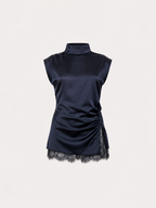 silky high neck navy top with lace trim