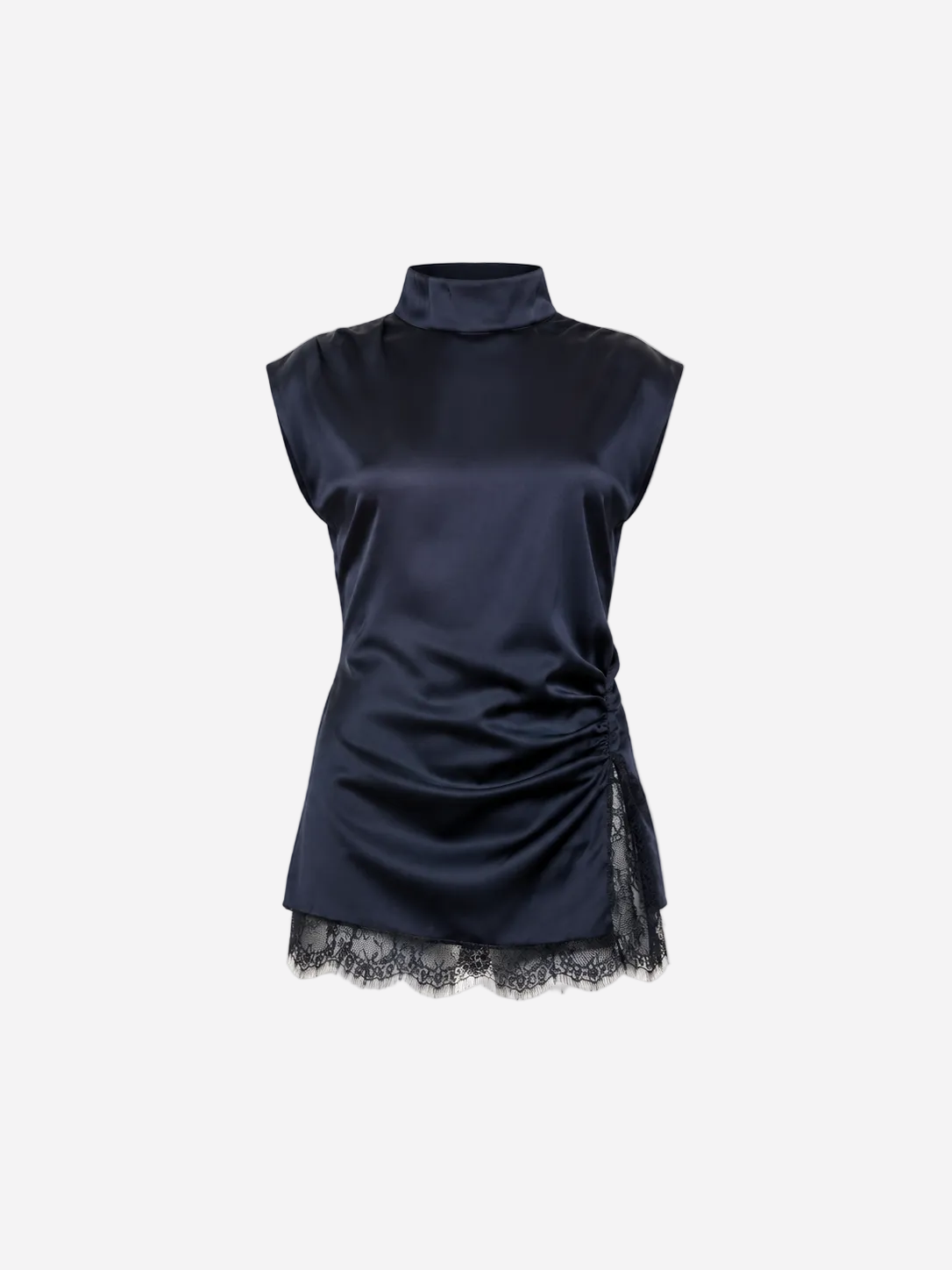 silky high neck navy top with lace trim