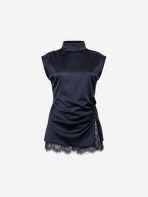 silky high neck navy top with lace trim