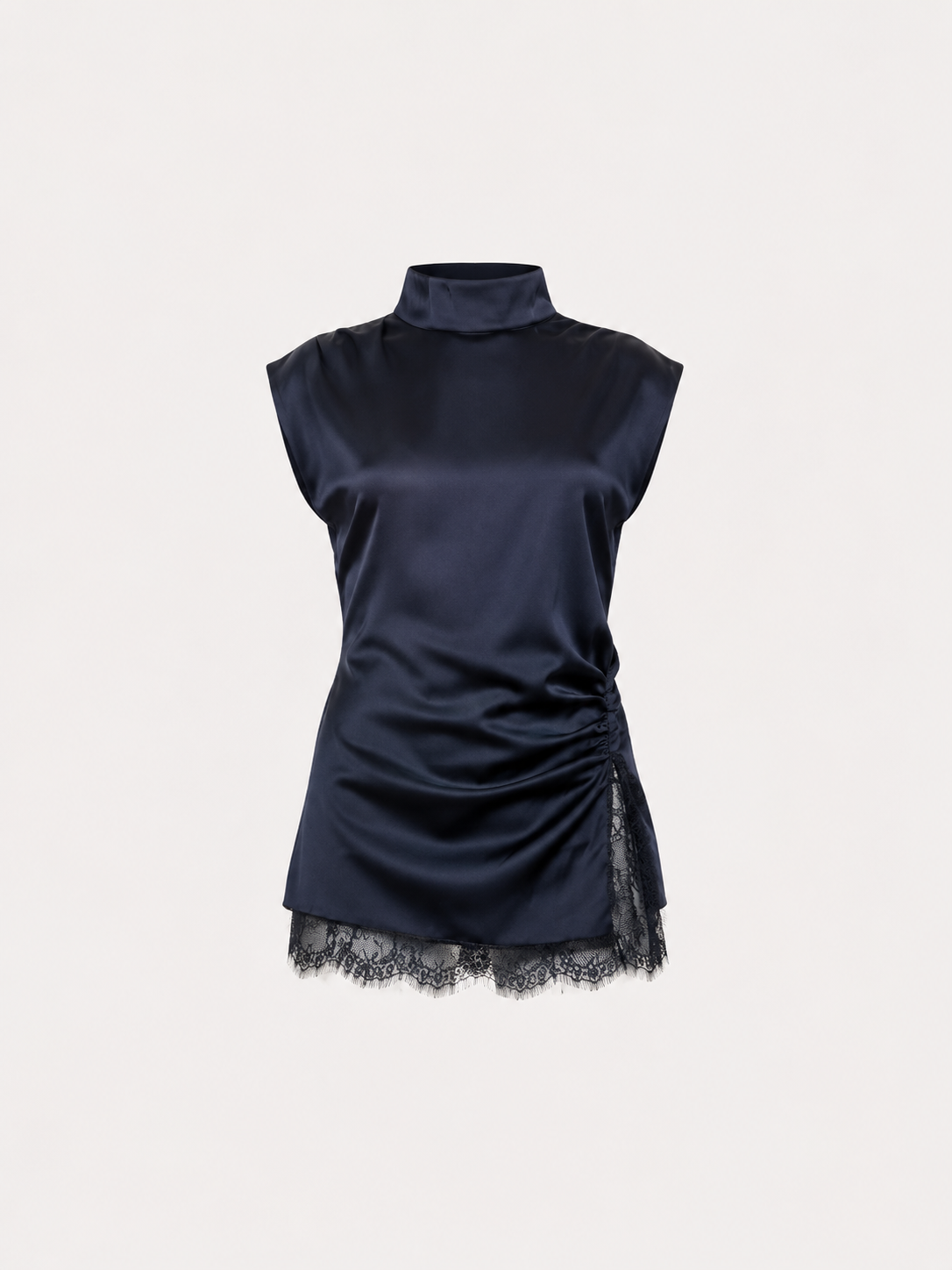 silky high neck navy top with lace trim