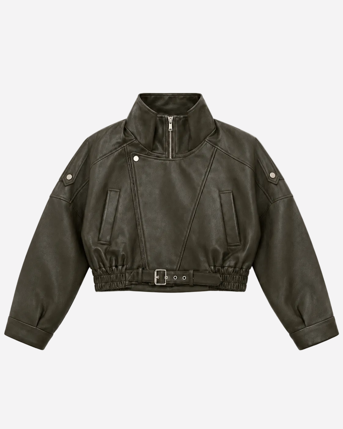 Oversized Cropped Faux Leather High Collar Jacket OLIVE | SEISHIKI STUDIO