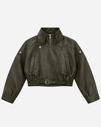 Oversized Cropped Faux Leather High Collar Jacket OLIVE | SEISHIKI STUDIO