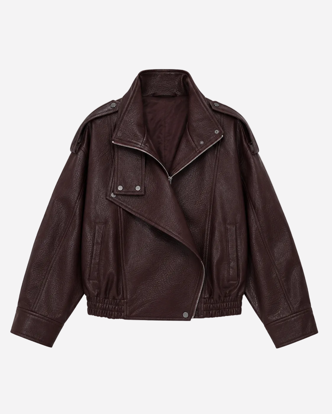Oversized High Neck Faux Leather Jacket With Asymmetric Flap Detail BURGUNDY | SEISHIKI STUDIO