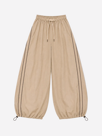 Wide Leg Contrast Piping Drawstring Track Pants Taupe | SEISHIKI STUDIO