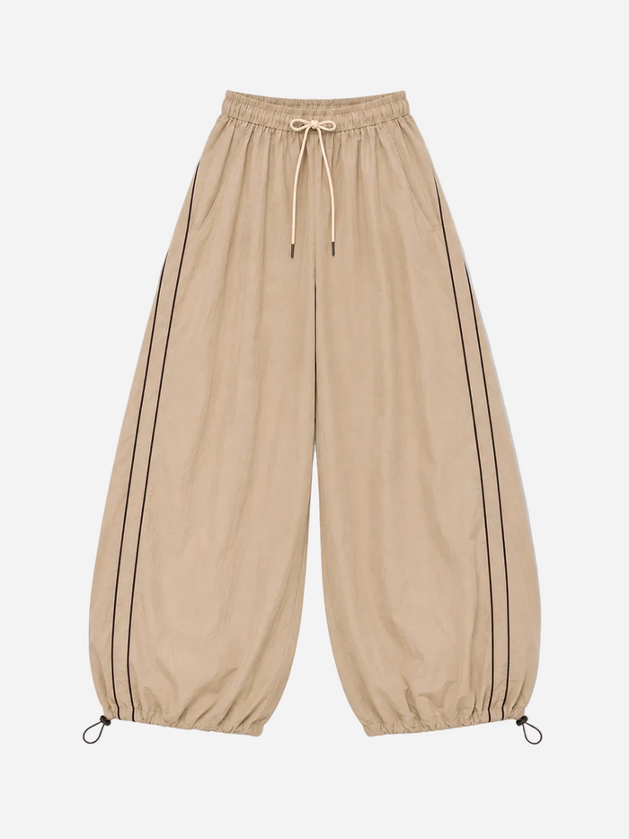 Wide Leg Contrast Piping Drawstring Track Pants Taupe | SEISHIKI STUDIO