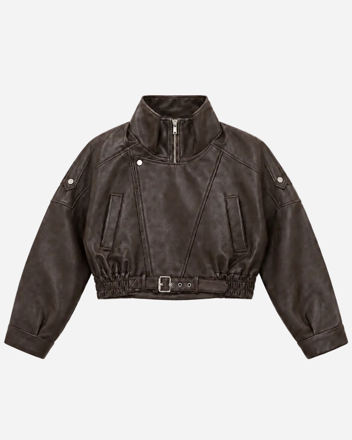 Oversized Cropped Faux Leather High Collar Jacket BROWN | SEISHIKI STUDIO