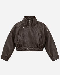 Oversized Cropped Faux Leather High Collar Jacket BROWN | SEISHIKI STUDIO