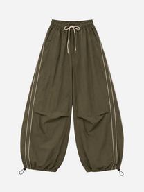 Wide Leg Contrast Piping Drawstring Track Pants Green | SEISHIKI STUDIO