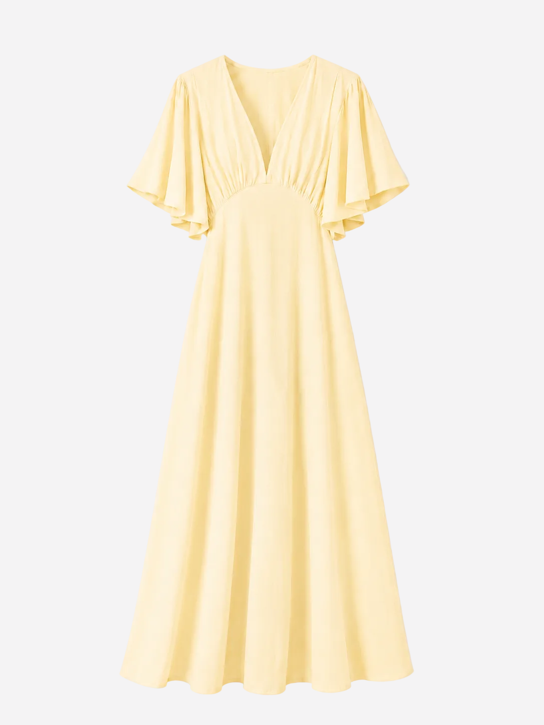 v neck flare sleeve midi dress butter yellow
