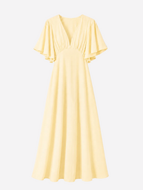 v neck flare sleeve midi dress butter yellow
