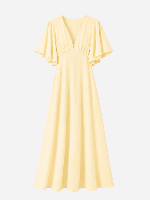 V Neck Flare Sleeve Midi Dress Butter Yellow