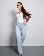 LIGHT WASH WIDE LEG JEANS WITH SLANTED FRONT SEAMS - INSEAM 76CM