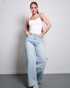 LIGHT WASH WIDE LEG JEANS WITH SLANTED FRONT SEAMS - INSEAM 76CM