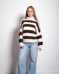 Stretchy High Neck Striped Sweater Beige/Brown – SEISHIKI STUDIO