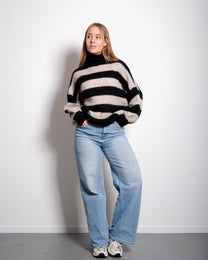 Stretchy High Neck Striped Sweater Black/Beige – SEISHIKI STUDIO