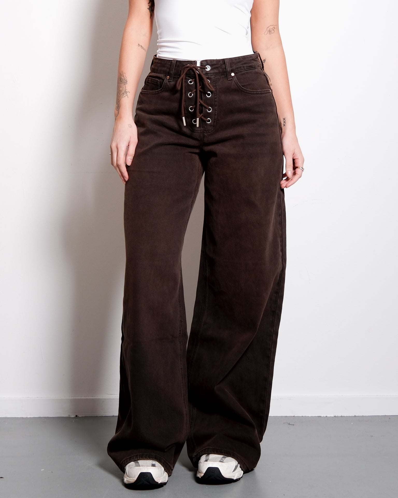 LACE UP BROWN ACID WASH WIDE LEG JEANS - INSEAM 83CM | SEISHIKI STUDIO