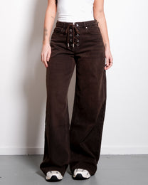 LACE UP BROWN ACID WASH WIDE LEG JEANS - INSEAM 83CM | SEISHIKI STUDIO