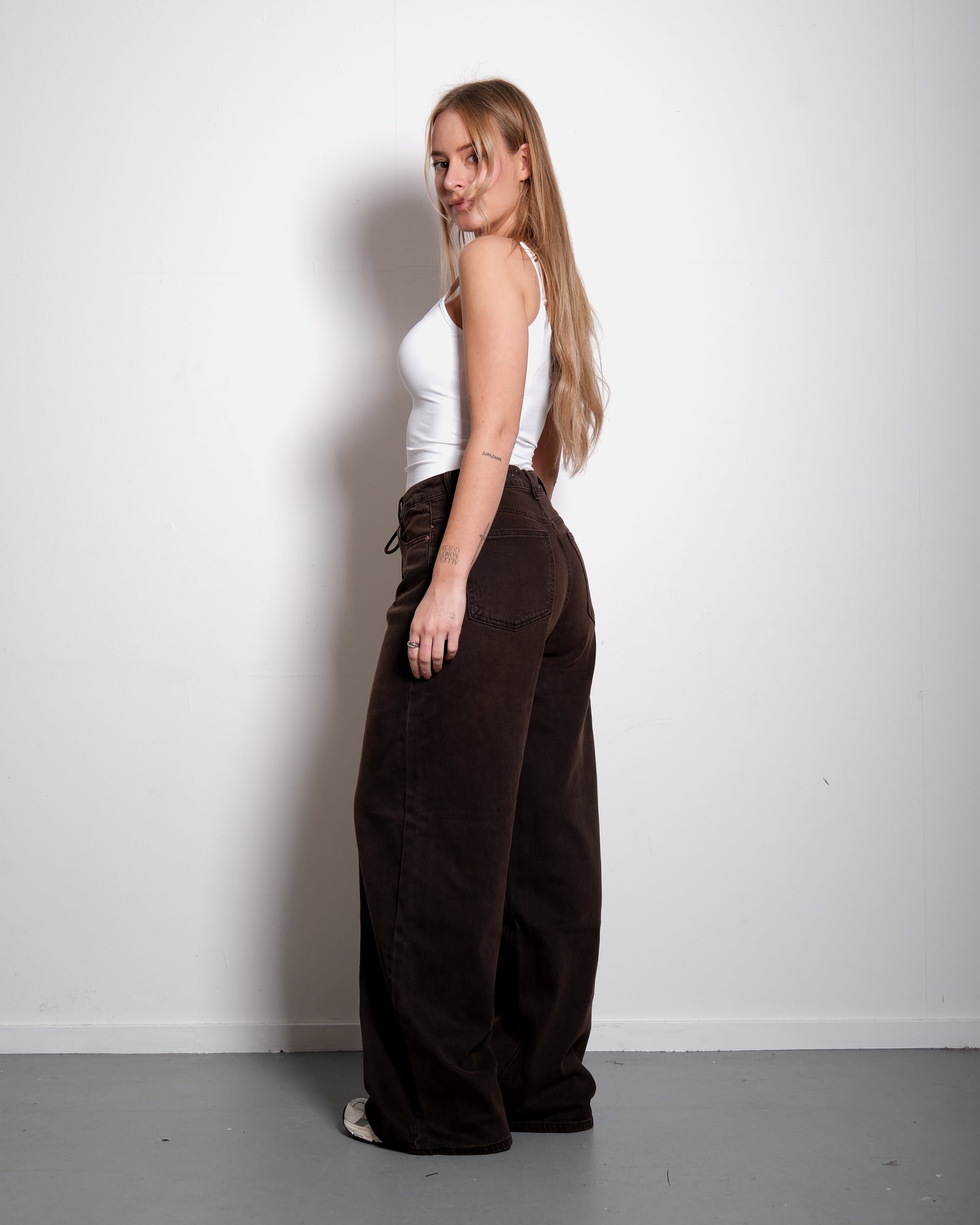 LACE UP BROWN ACID WASH WIDE LEG JEANS - INSEAM 83CM | SEISHIKI STUDIO
