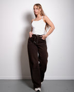 BRUINEJEANS  MET VETERS EN ACID WASHJEANS  WIDE LEG JEANS  BINNENBEENLENGTE 83 CM