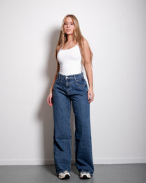 HIGH WAIST V DETAIL WIDE LEG JEANS DARK WASH - INSEAM 77CM - NON STRETCH | SEISHIKI STUDIO