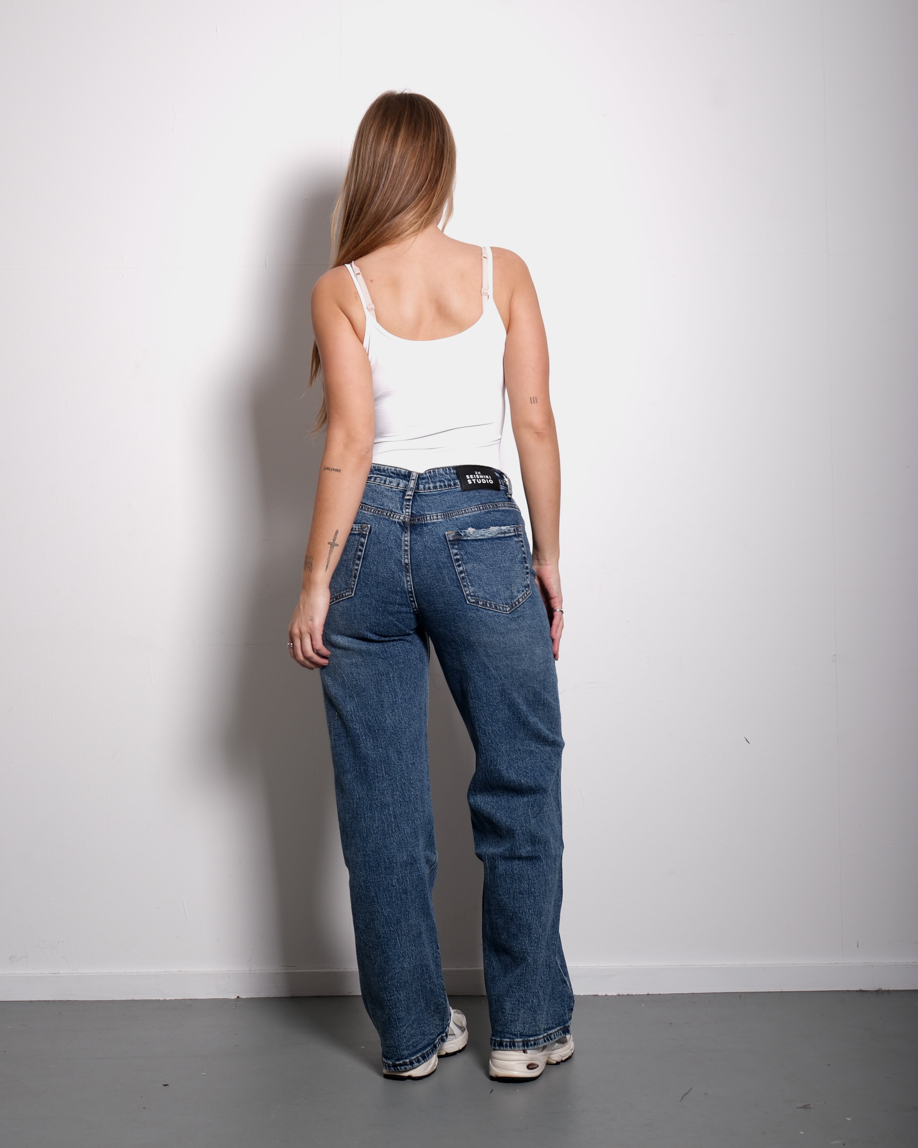 WIDE LEG GOLD STUDDED JEANS BLUE WASH - INSEAM 80CM