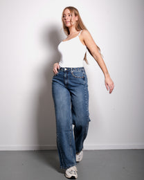 NON STRETCH WIDE LEG GOLD STUDDED JEANS BLUE WASH - INSEAM 80CM | SEISHIKI STUDIO