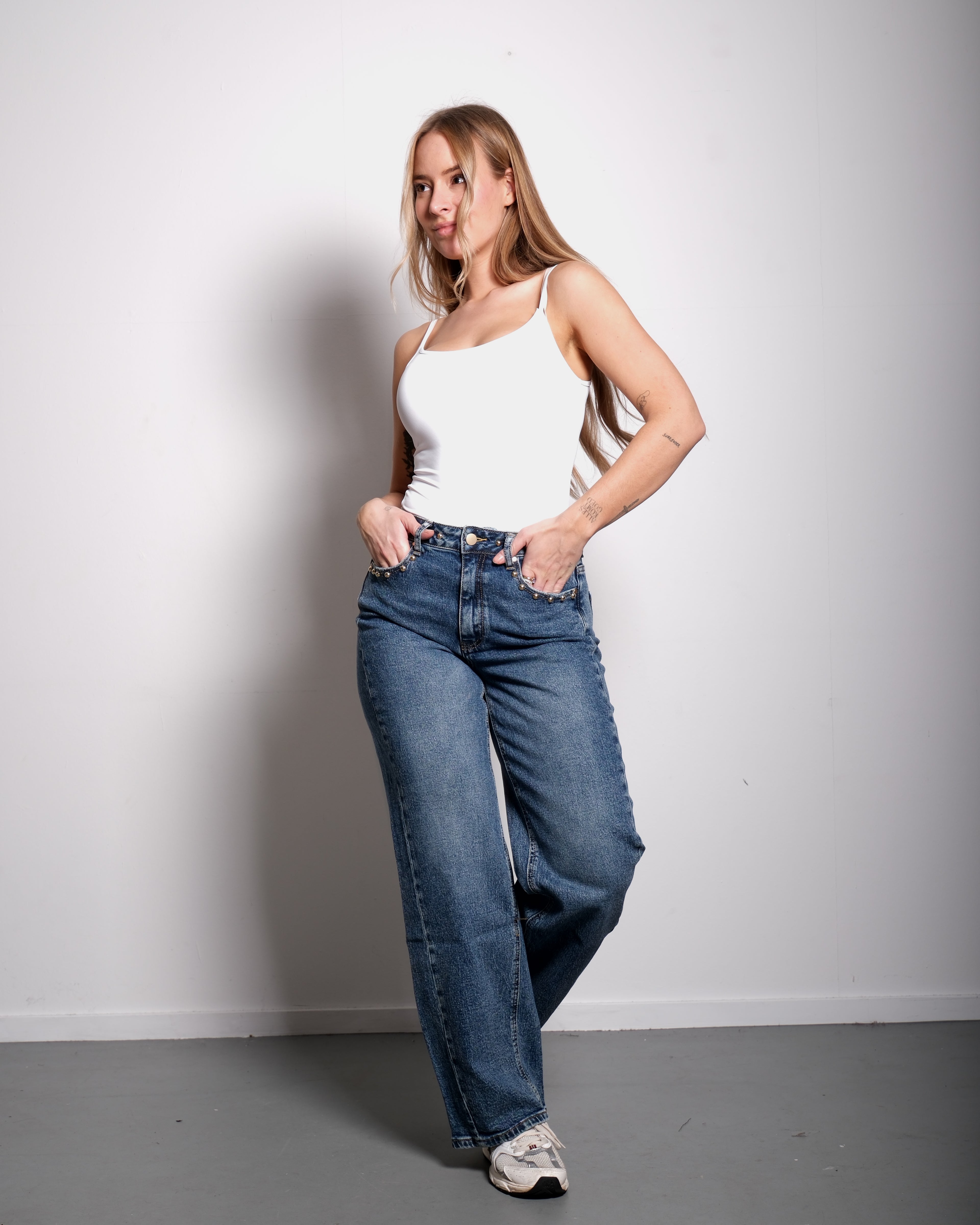 WIDE LEG GOLD STUDDED JEANS BLUE WASH - INSEAM 80CM