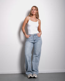 STRETCHY RIPPED KNEE LIGHT WASH WIDE LEG JEANS - INSEAM 82CM | SEISHIKI STUDIO