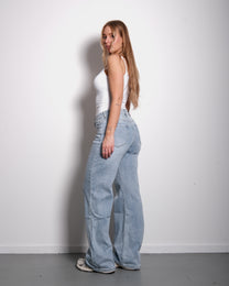 STRETCHY RIPPED KNEE LIGHT WASH WIDE LEG JEANS - INSEAM 82CM | SEISHIKI STUDIO