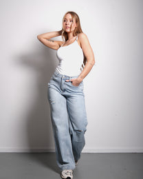 STRETCHY RIPPED KNEE LIGHT WASH WIDE LEG JEANS - INSEAM 82CM | SEISHIKI STUDIO